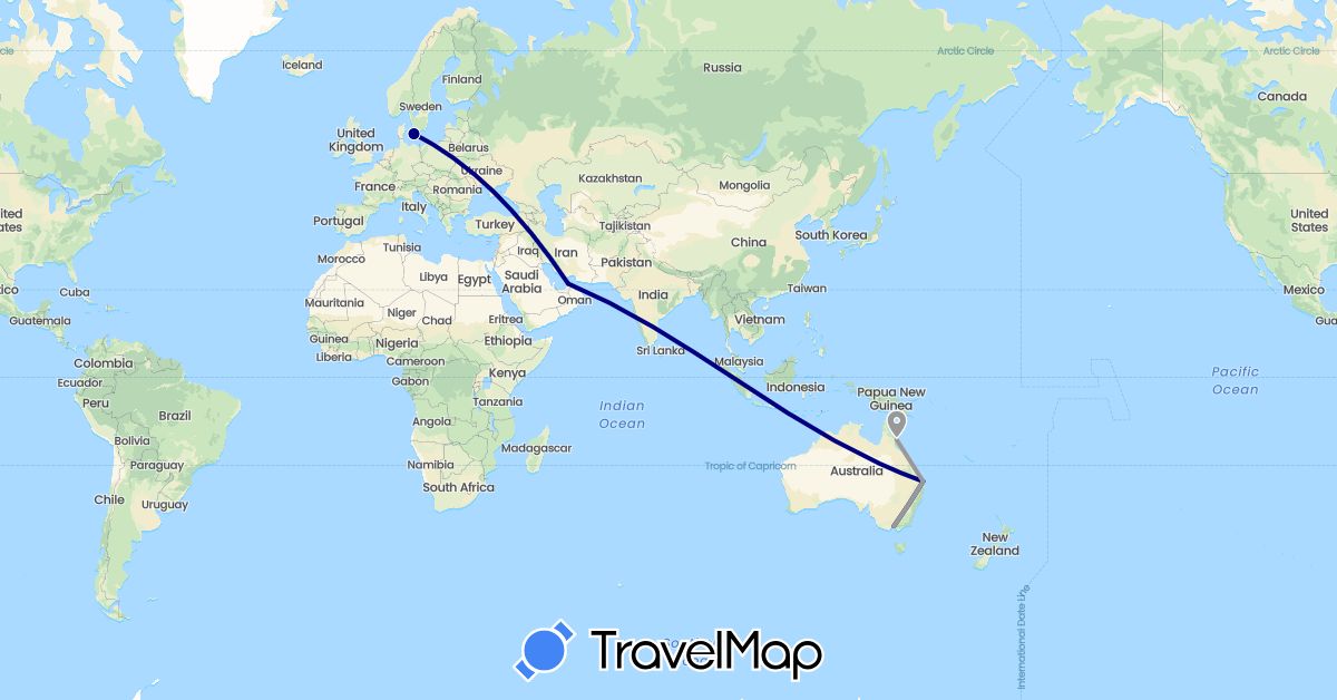 TravelMap itinerary: driving, plane in United Arab Emirates, Australia, Denmark (Asia, Europe, Oceania)